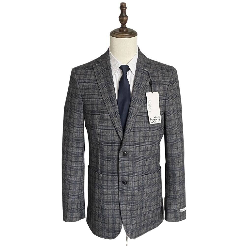 Bar III Sport Coat Men's 40 Long Slim Fit Stretch Fabric Grey Check NWT